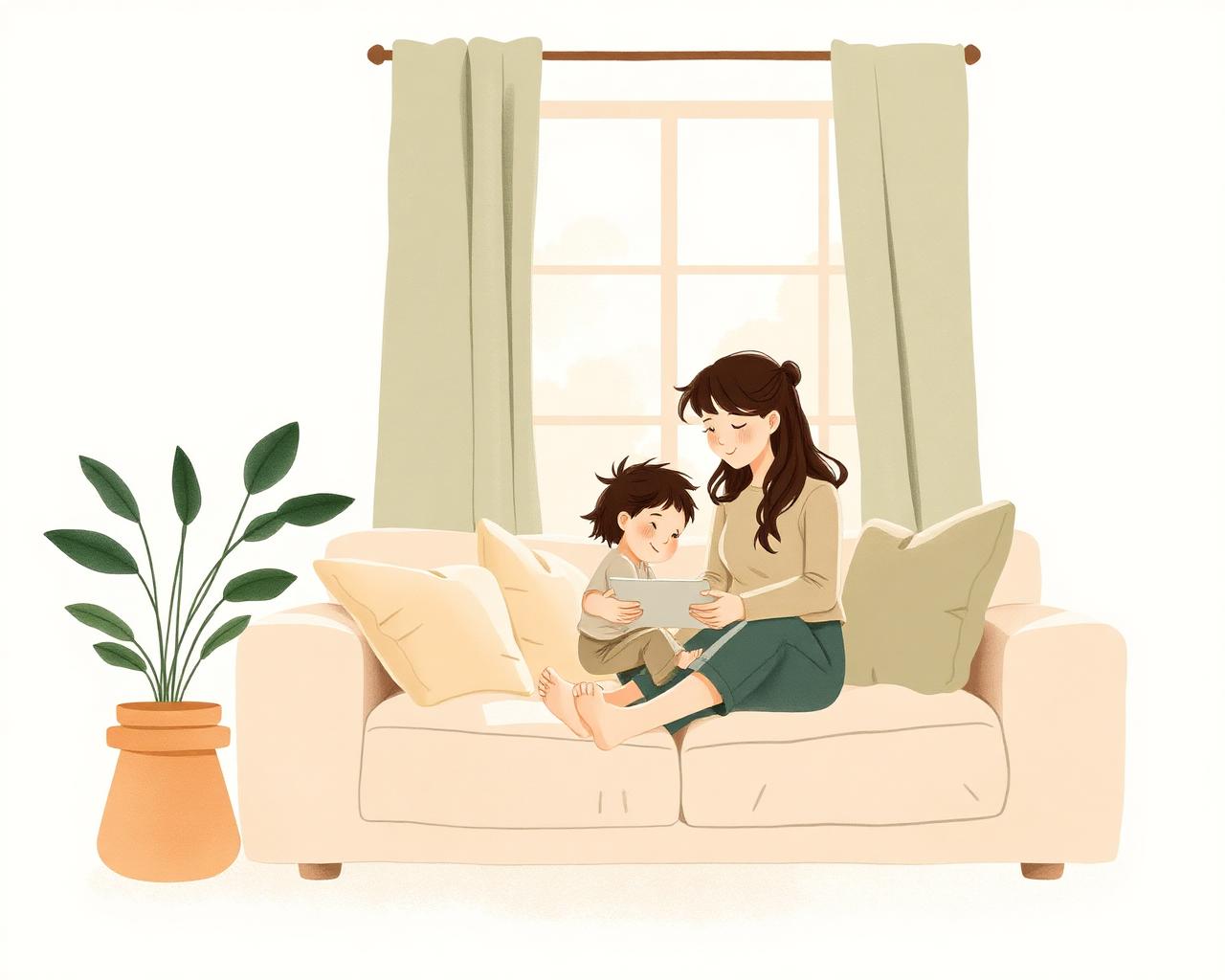A parent and child at home in warm afternoon light